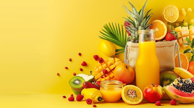 un mucchio di frutta e succhi sono su un tavolo con uno sfondo giallo