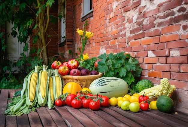 un mucchio di frutta e verdura fresca tagliata su paglia verde accanto al mattone rosso in un cortile