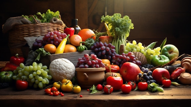 un mucchio di frutta e verdura sono su un tavolo