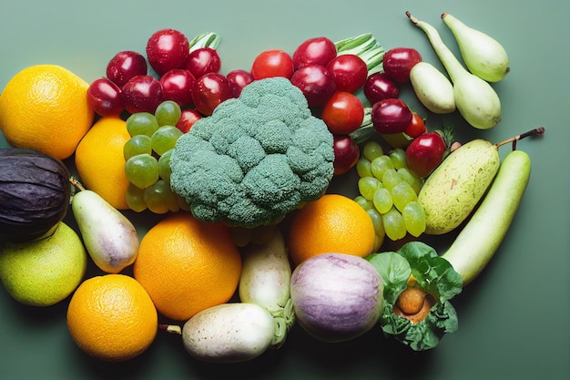Un mucchio di frutta e verdura tra cui broccoli, arance e uva.