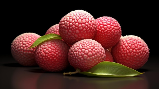 Un mucchio di frutta litchi con foglie verdi su sfondo nero