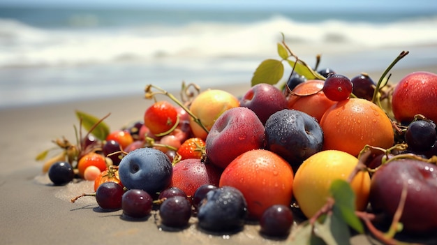 Un mucchio di frutta su una spiaggia