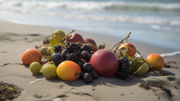 Un mucchio di frutta sulla spiaggia