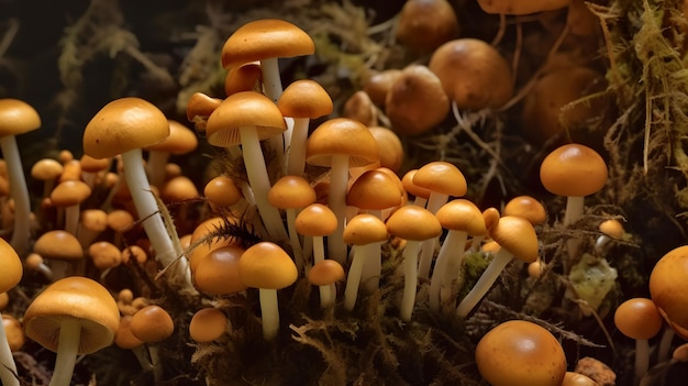 Un mucchio di funghi si trova su una superficie coperta di muschio.