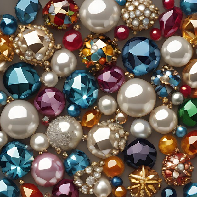 un mucchio di gemme di diversi colori e gemme sono su un letto di perle d'oro e d'argento