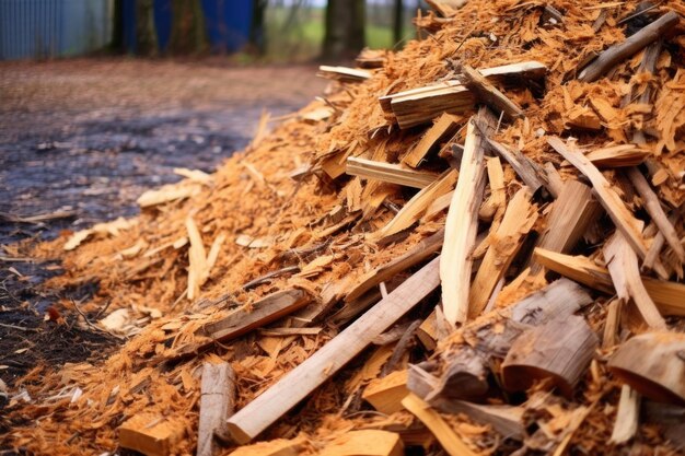 Un mucchio di legno di scarto scheggiato pronto per il riciclaggio