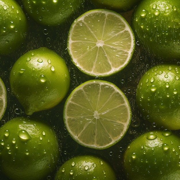 Un mucchio di lime con gocce d'acqua su di loro