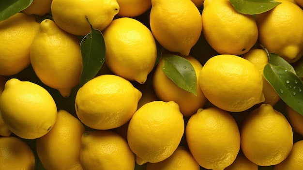 Un mucchio di limoni con foglie verdi in cima