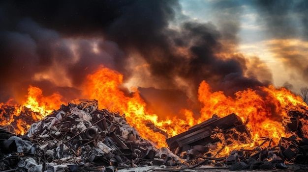 un mucchio di macerie con fiamme sullo sfondo