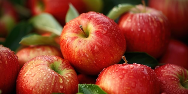 Un mucchio di mele rosse con gocce d'acqua.