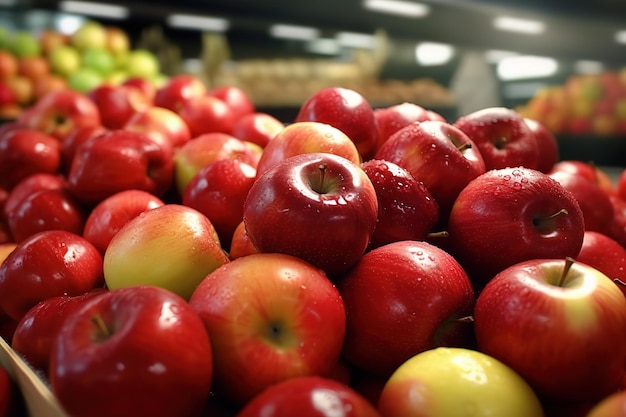 Un mucchio di mele rosse è in un negozio di alimentari.