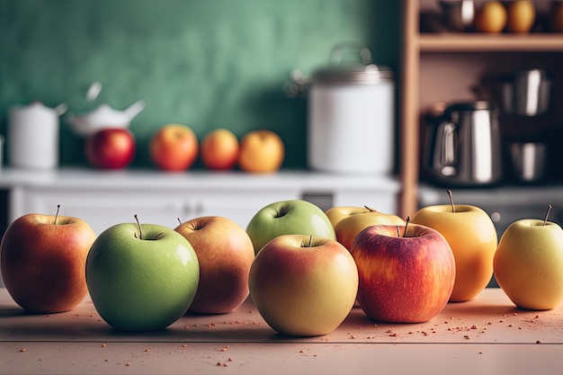 Un mucchio di mele su un bancone della cucina