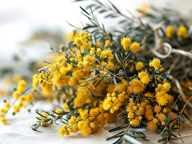 Un mucchio di mimose per il giorno della donna su uno sfondo bianco