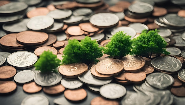 un mucchio di monete con un gruppo di alberi sopra di loro