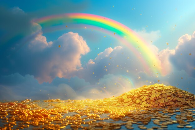 Un mucchio di monete d'oro alla fine dell'arcobaleno