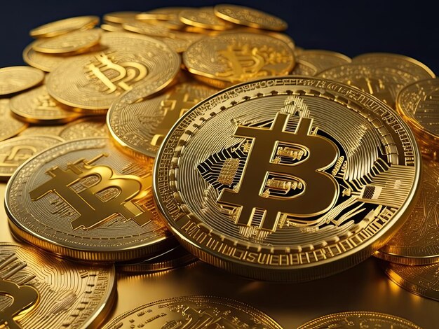 un mucchio di monete d'oro bitcoin con la lettera b su di loro