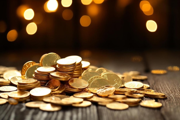 un mucchio di monete d'oro su un tavolo con le parole " oro " in cima.