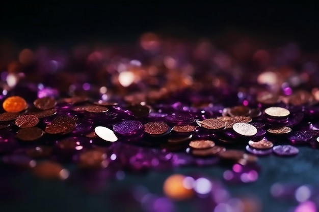 Un mucchio di monete viola e oro su una superficie scura