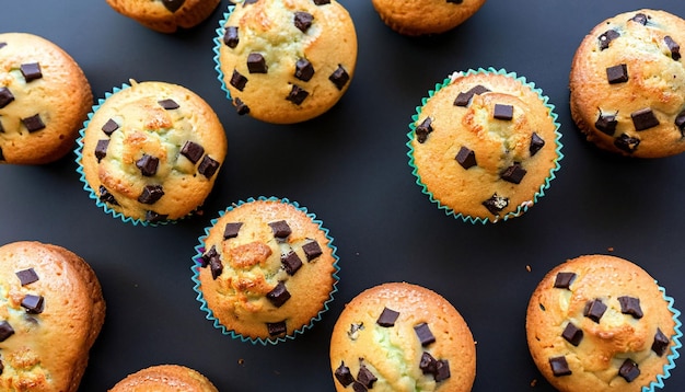 Un mucchio di muffin con gocce di cioccolato in cima