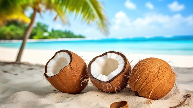 Un mucchio di noci di cocco appoggiato sulla spiaggia offre un posto perfetto per il latte o la panna