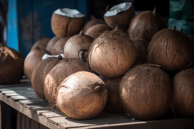 Un mucchio di noci di cocco su un tavolo