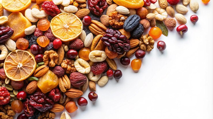 un mucchio di noci e frutta su uno sfondo bianco