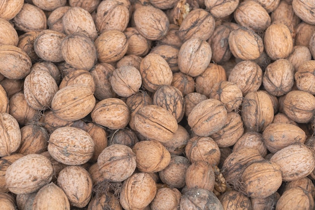 Un mucchio di noci fresche buone per il concetto di salute Sfondo di noci testurizzato