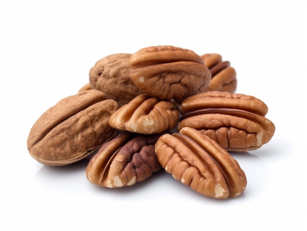 Un mucchio di noci pecan su uno sfondo bianco