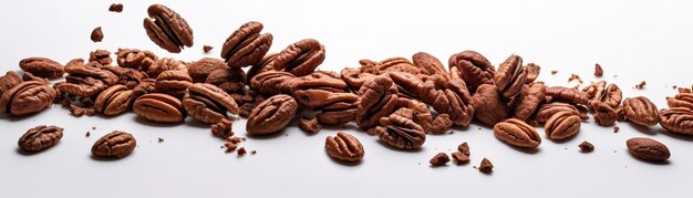 Un mucchio di noci pecan su uno sfondo bianco