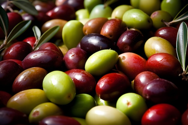 Un mucchio di olive con foglie sopra