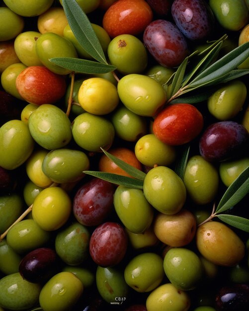 Un mucchio di olive con le foglie sopra