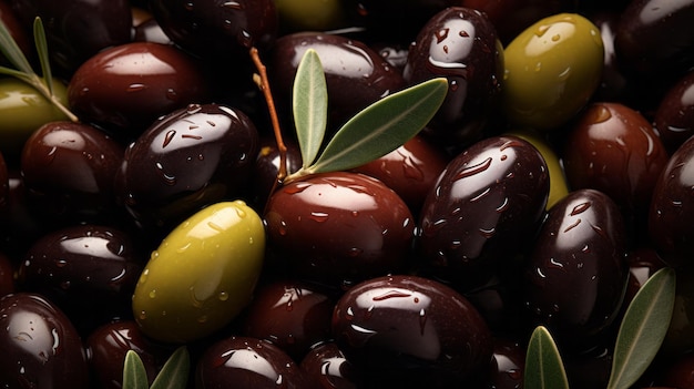 Un mucchio di olive con una foglia in cima
