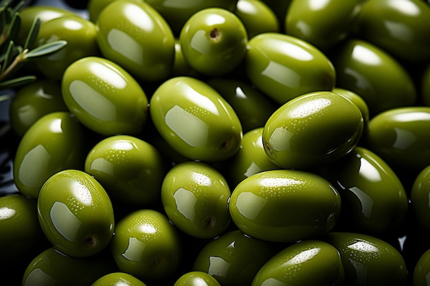 Un mucchio di olive verdi con una macchia bianca sul fondo.