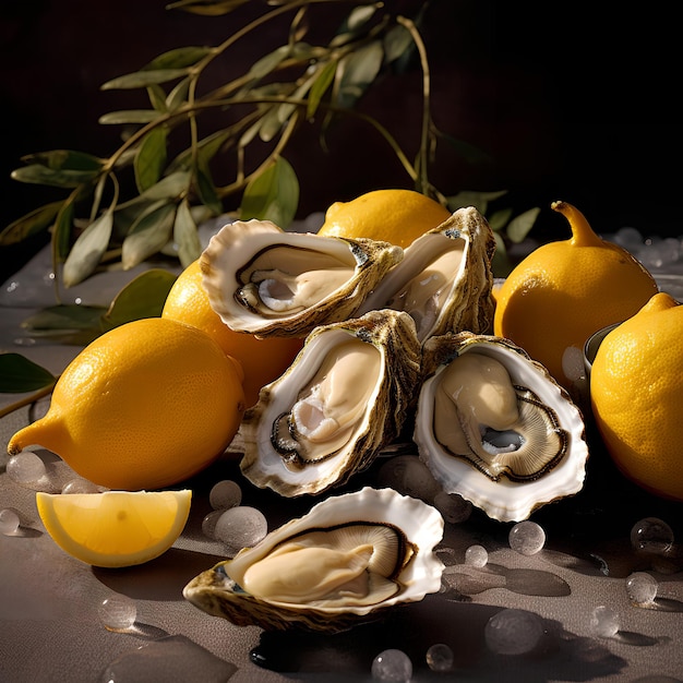 Un mucchio di ostriche sono su un tavolo con limoni e limoni.