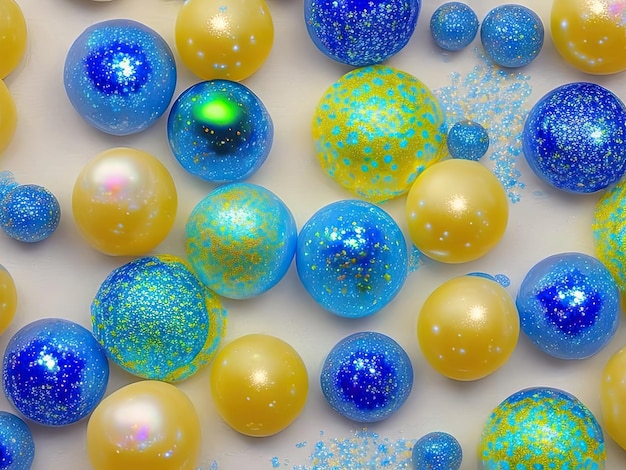 Un mucchio di palline colorate con punti blu e gialli su di esse.