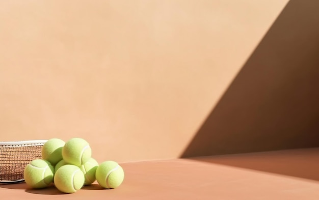 Un mucchio di palline da tennis verdi su sfondo rosa