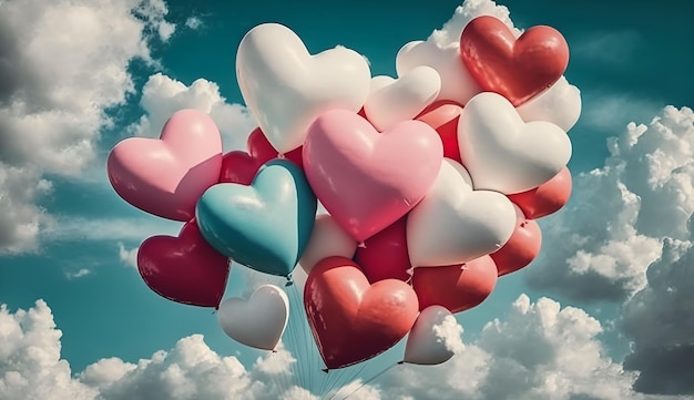 Un mucchio di palloncini a forma di cuore nel cielo con sopra la parola amore