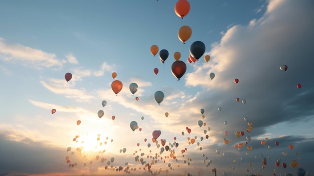 Un mucchio di palloncini che fluttuano nel cielo con il sole che splende tra le nuvole.