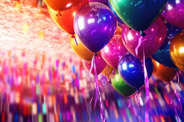 Un mucchio di palloncini colorati con sopra la parola compleanno