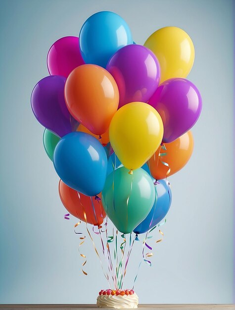 un mucchio di palloncini colorati e una scatola regalo e un dolce desiderio di compleanno