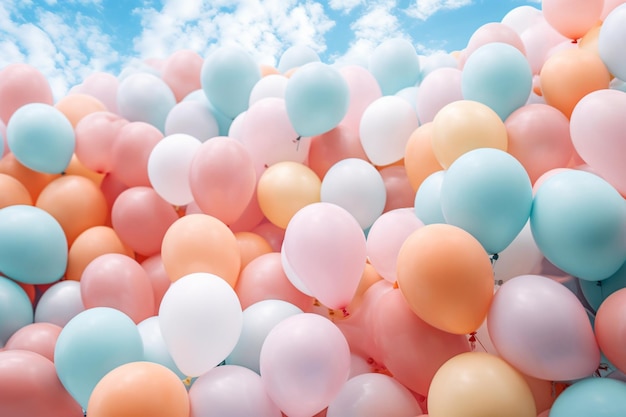 Un mucchio di palloncini con il cielo sullo sfondo