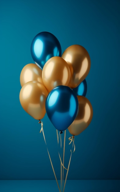 Un mucchio di palloncini d'oro e blu con palline d'oro in aria