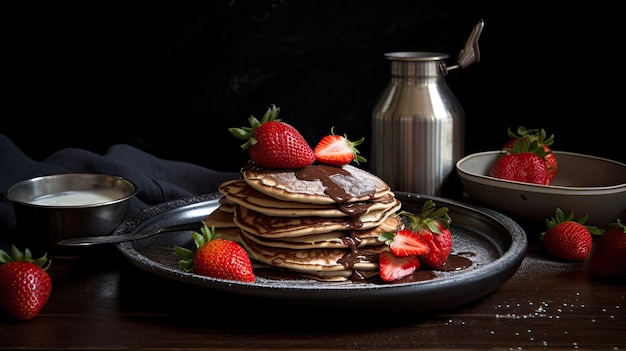 Un mucchio di pancake con fragole su un piatto