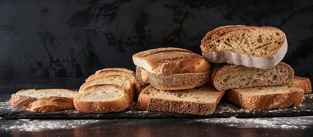 un mucchio di pane su una superficie nera generativa ai