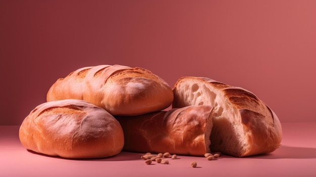 Un mucchio di pane su uno sfondo rosa