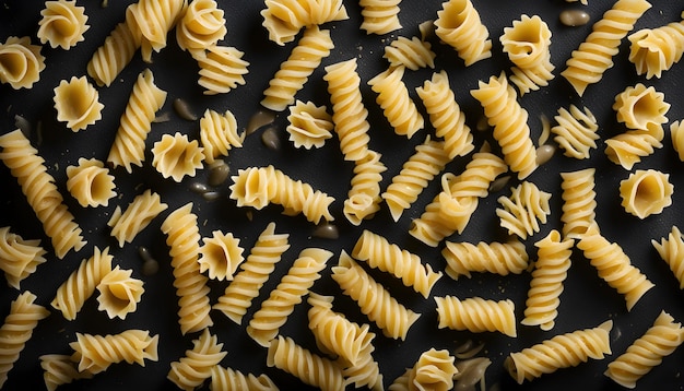 un mucchio di pasta è mostrato su uno sfondo nero