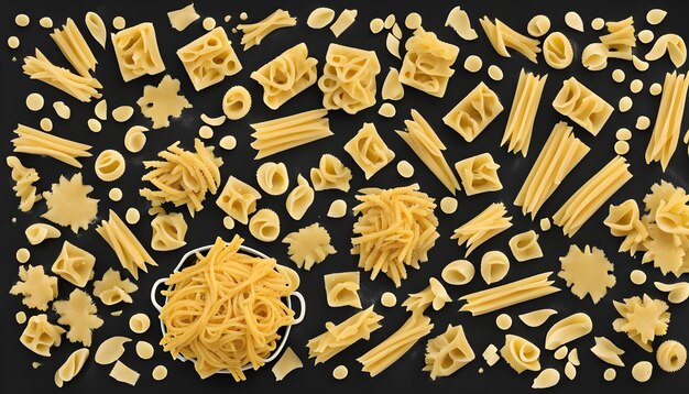 un mucchio di pasta e pasta sono su una superficie nera