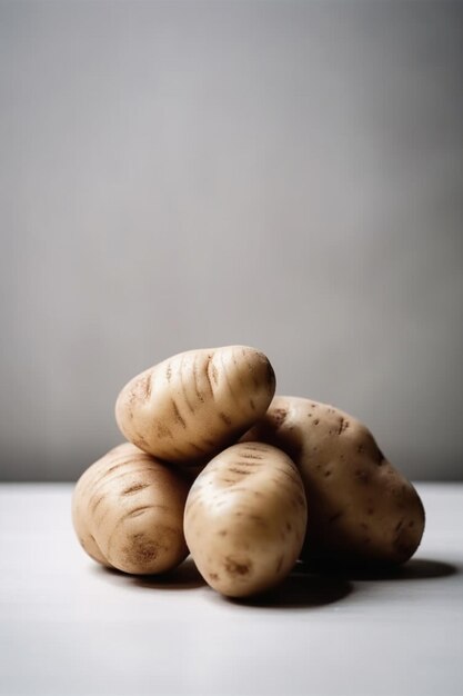 Un mucchio di patate su un tavolo con uno sfondo grigio.