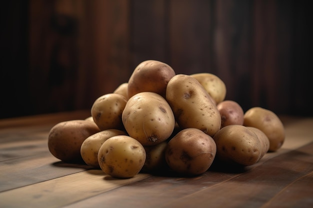 Un mucchio di patate su un tavolo di legno