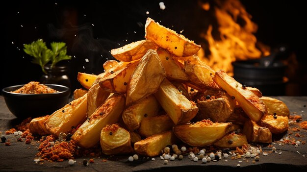 un mucchio di patatine fritte è su un fuoco con un fuoco dietro di loro